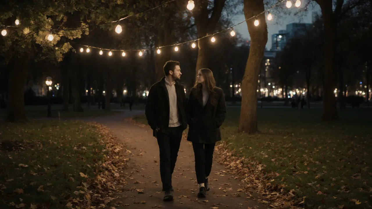 A man and woman walking peacefully together in Hyde Park at twilight, enjoying quiet conversation under string lights.