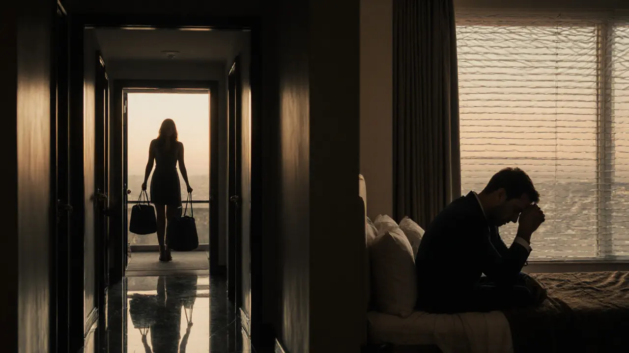 A mirrored hallway symbolizing emotional separation after a paid encounter at dawn.