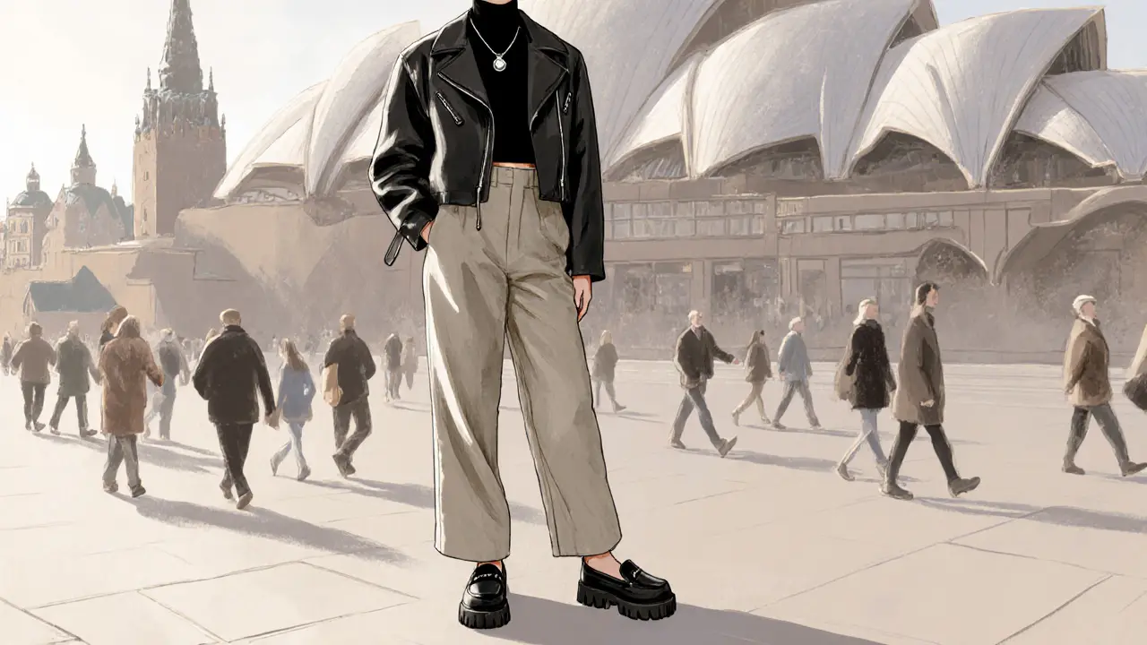 A person in Copenhagen wearing a cropped leather jacket and linen trousers before the Opera House, textured fabrics catching soft sunlight.