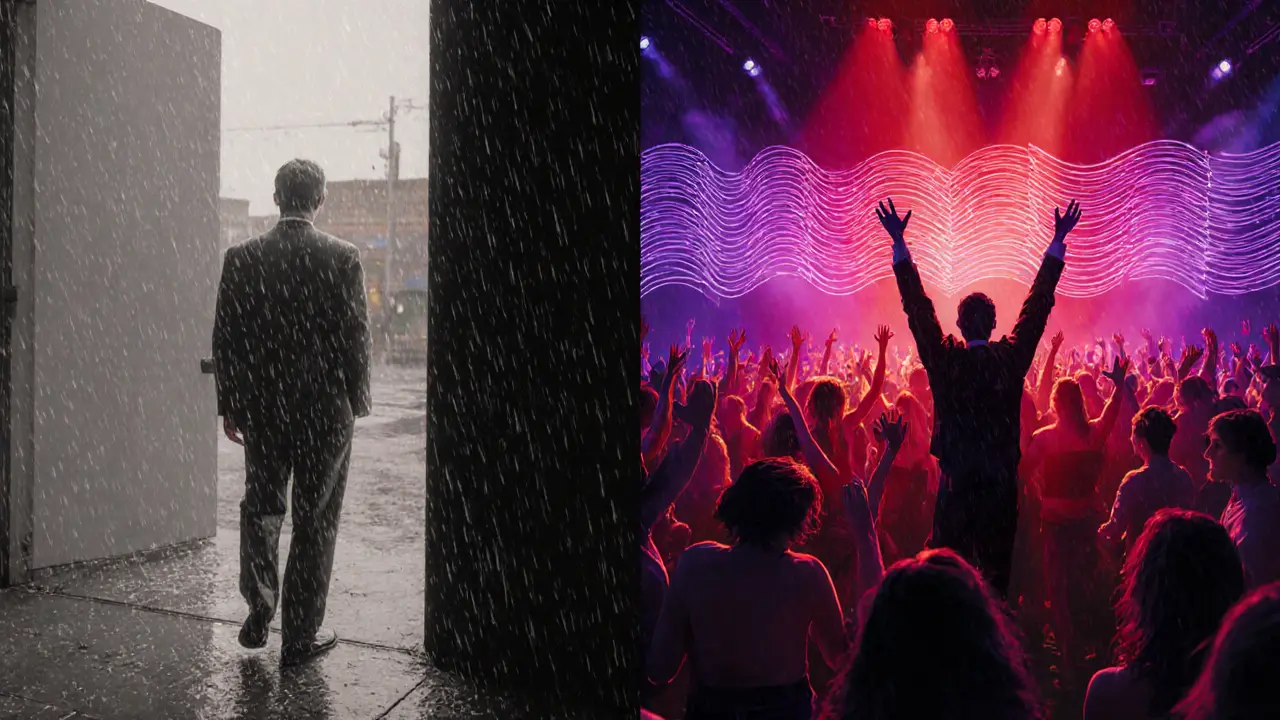 A person transformed from dull outside to radiant inside a club, surrounded by pulsing light and dancing figures.