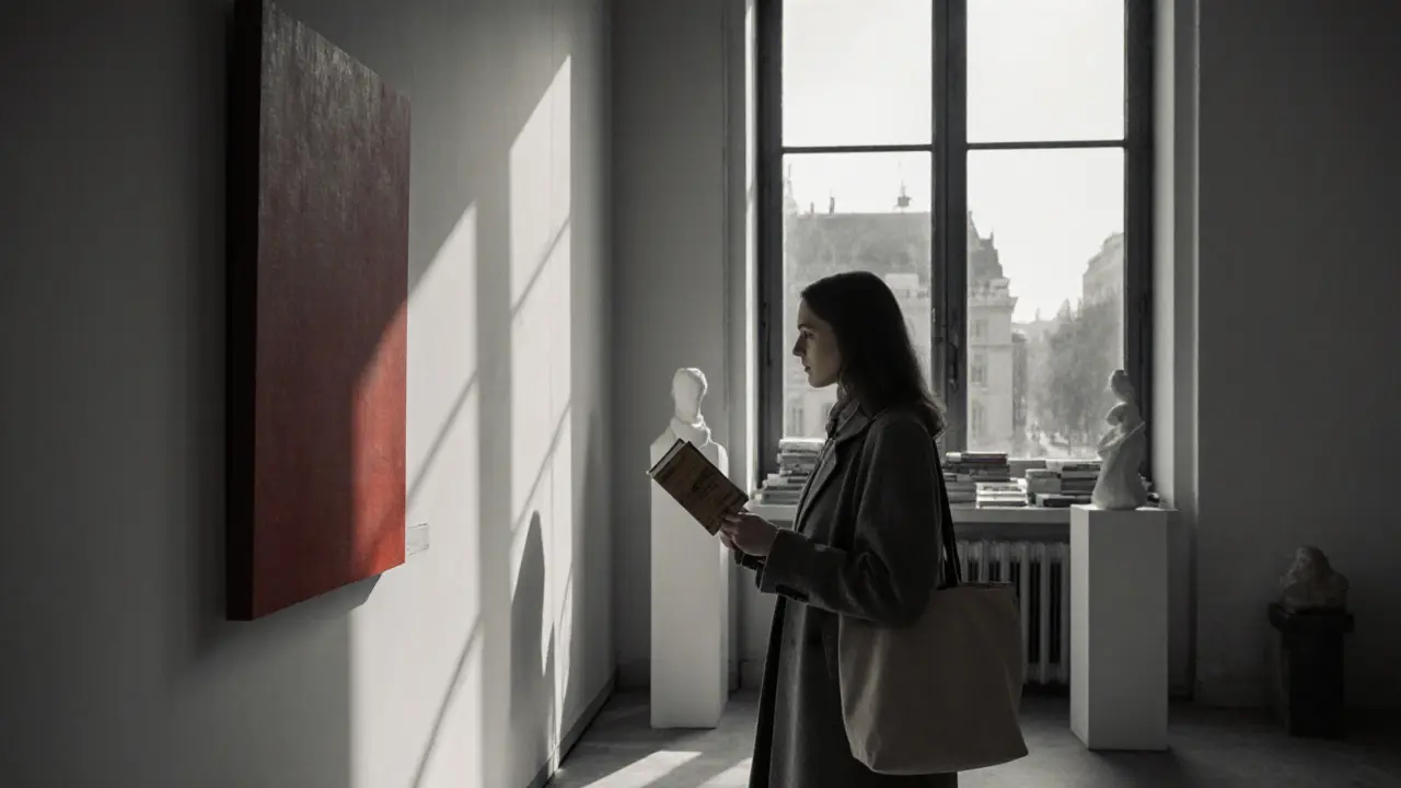A poised woman contemplating art in a Berlin gallery, natural light and quiet surroundings.