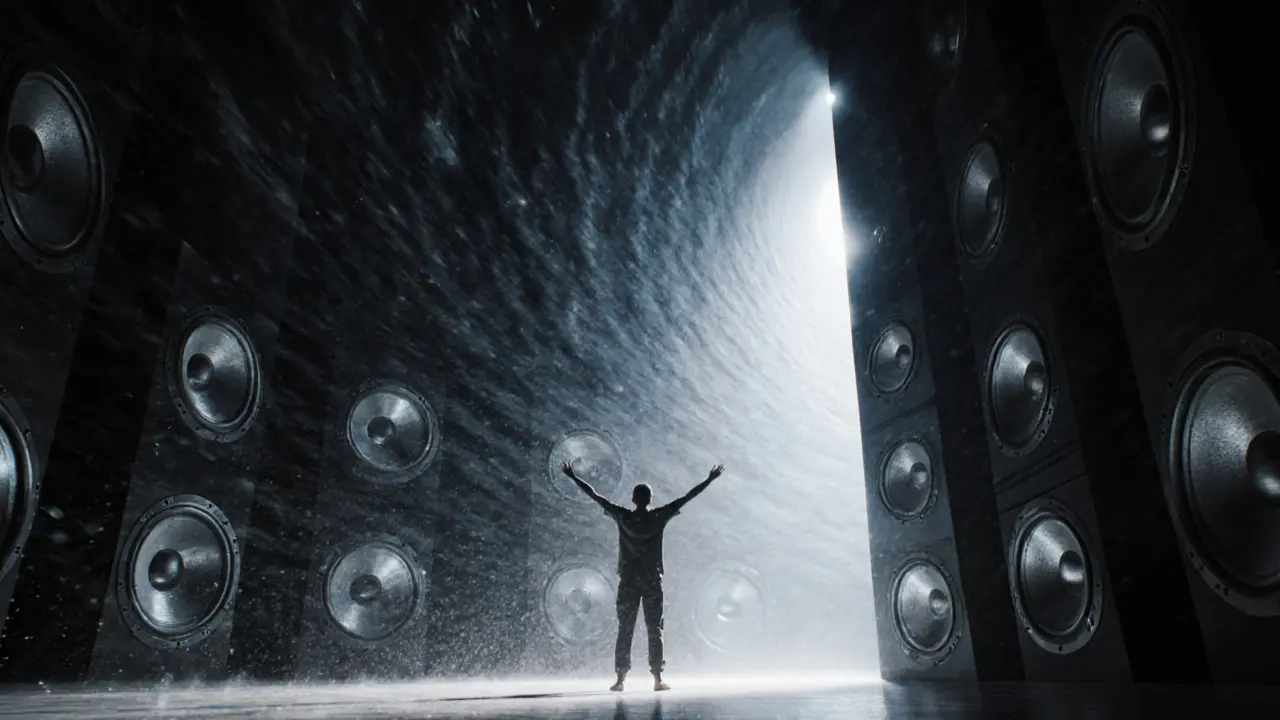 A powerful sound system emitting visible bass waves through dusty air, with one person standing still in awe.