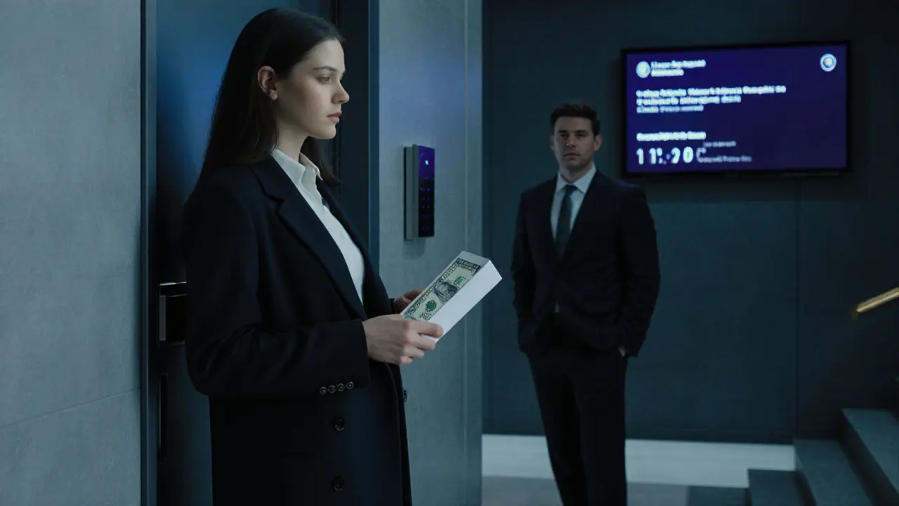 A professional escort and client exchanging payment in a secure London apartment lobby.