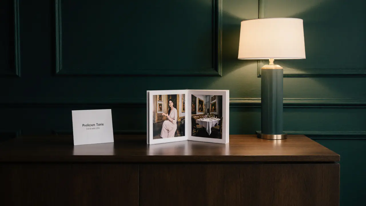 A quiet luxury companion agency office with a curated portfolio on display.