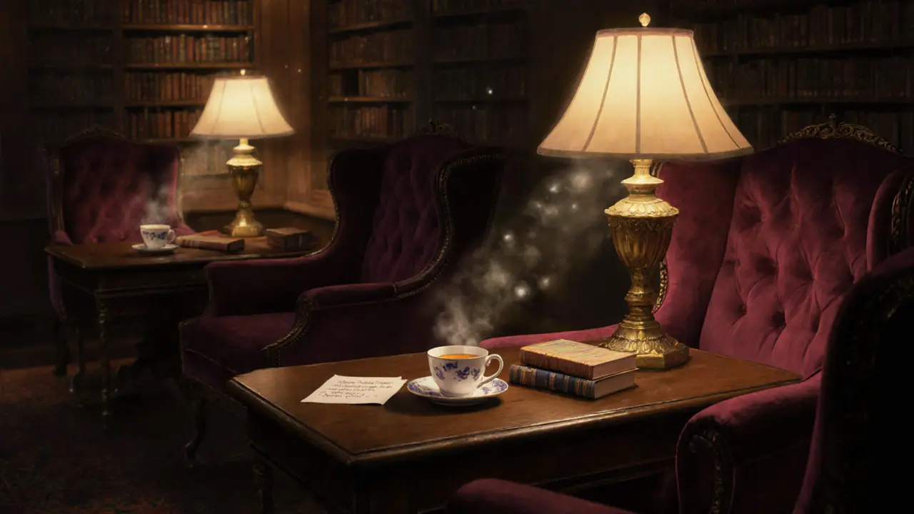 A quiet midnight tea setting in a historic library reading room with warm lamps and fine china.