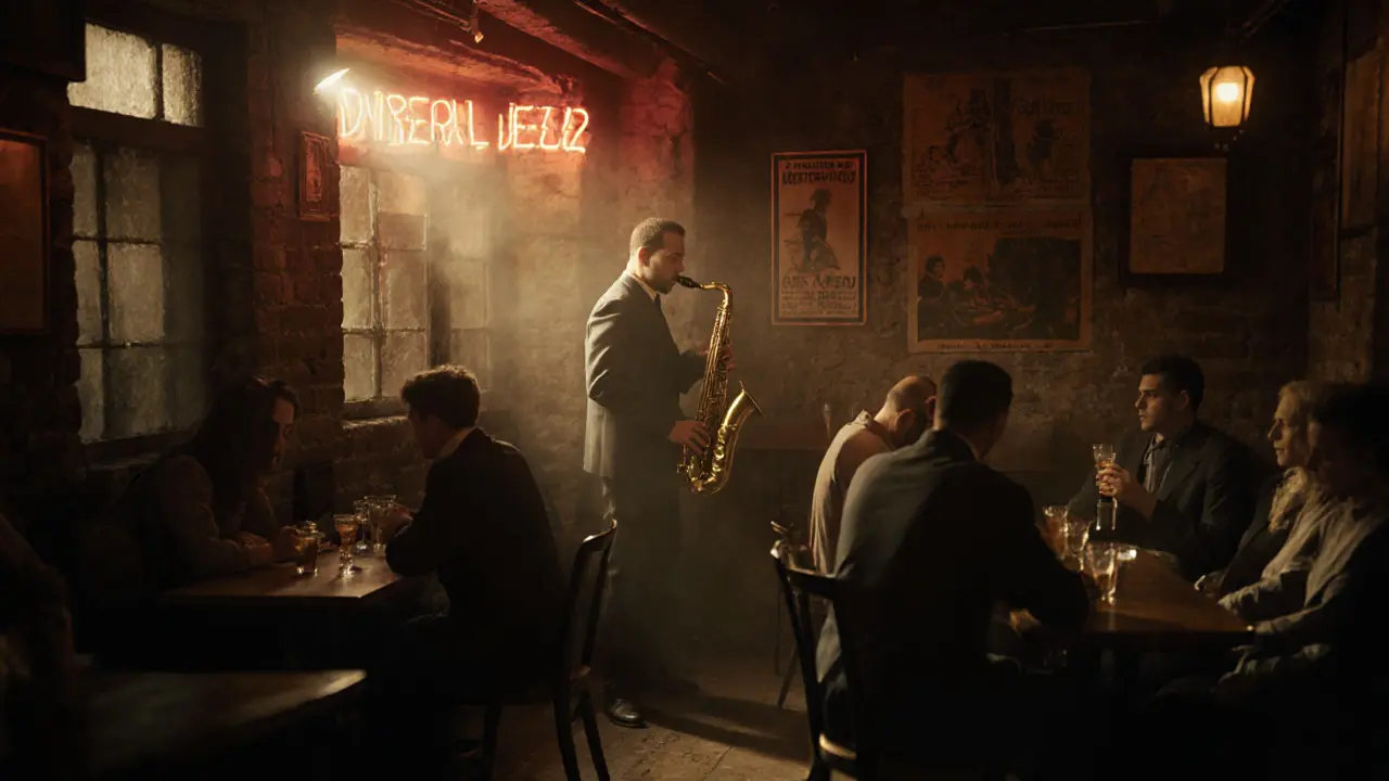 A smoky jazz bar in Soho at night with a saxophonist playing under a spotlight and patrons in vintage clothing.