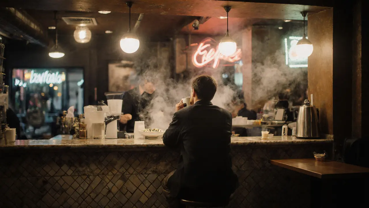 A solo diner enjoys an espresso at a quiet 24-hour café with warm lighting and vintage tiles.