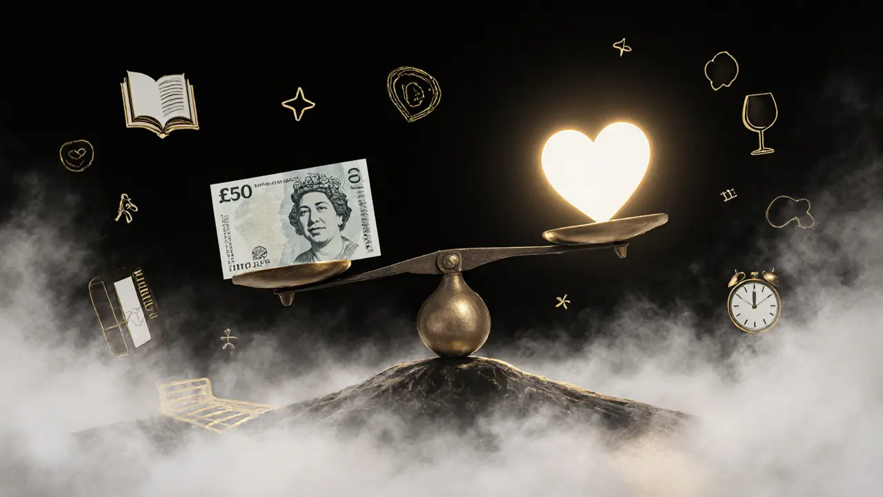 A symbolic scale balancing money and a heart, representing emotional value over cost.