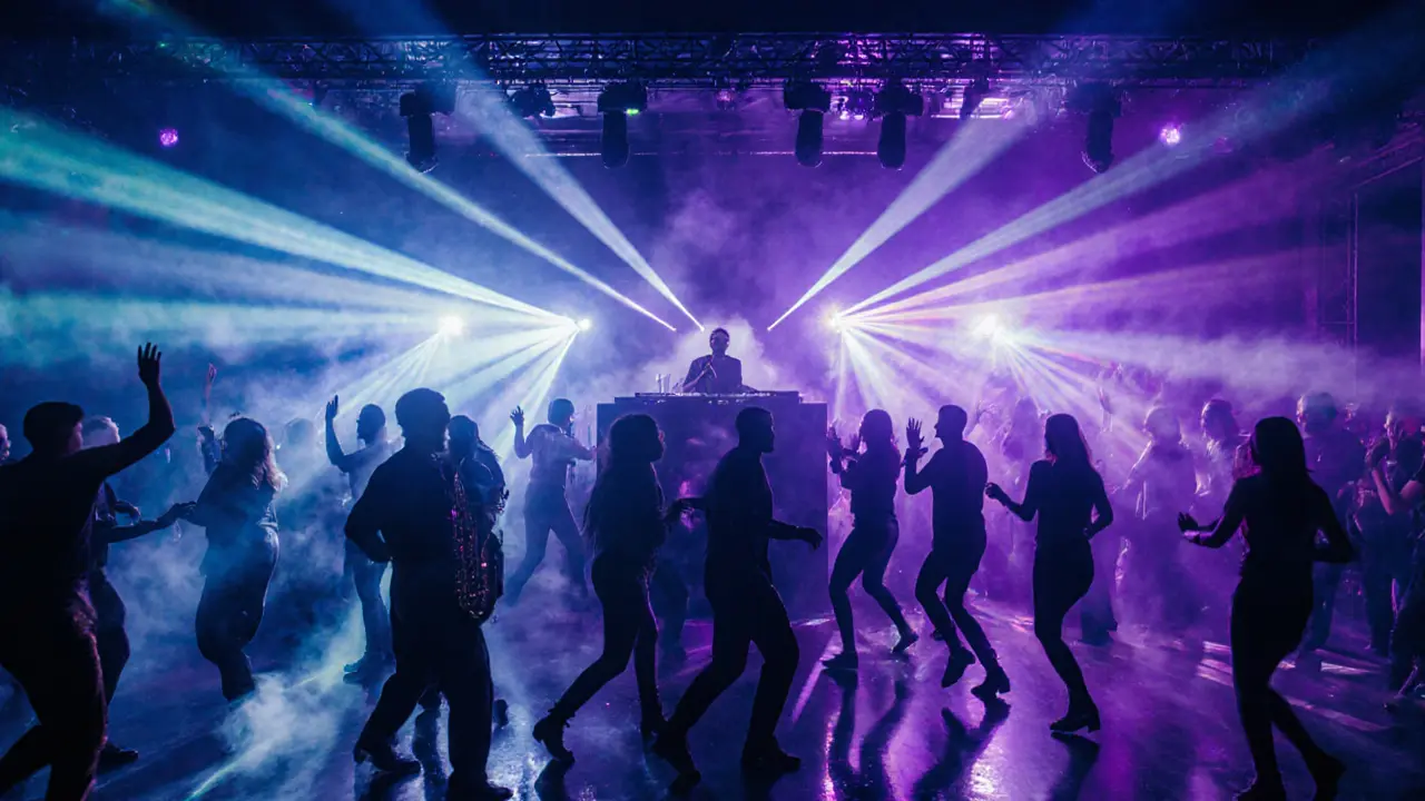 A vibrant dance floor pulsing with synchronized colored lights and smoke, crowd lost in the music.