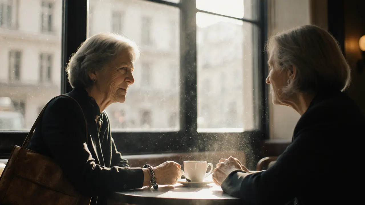 A woman and client having coffee at The Wolseley, morning light, subtle safety device visible, calm and thoughtful.