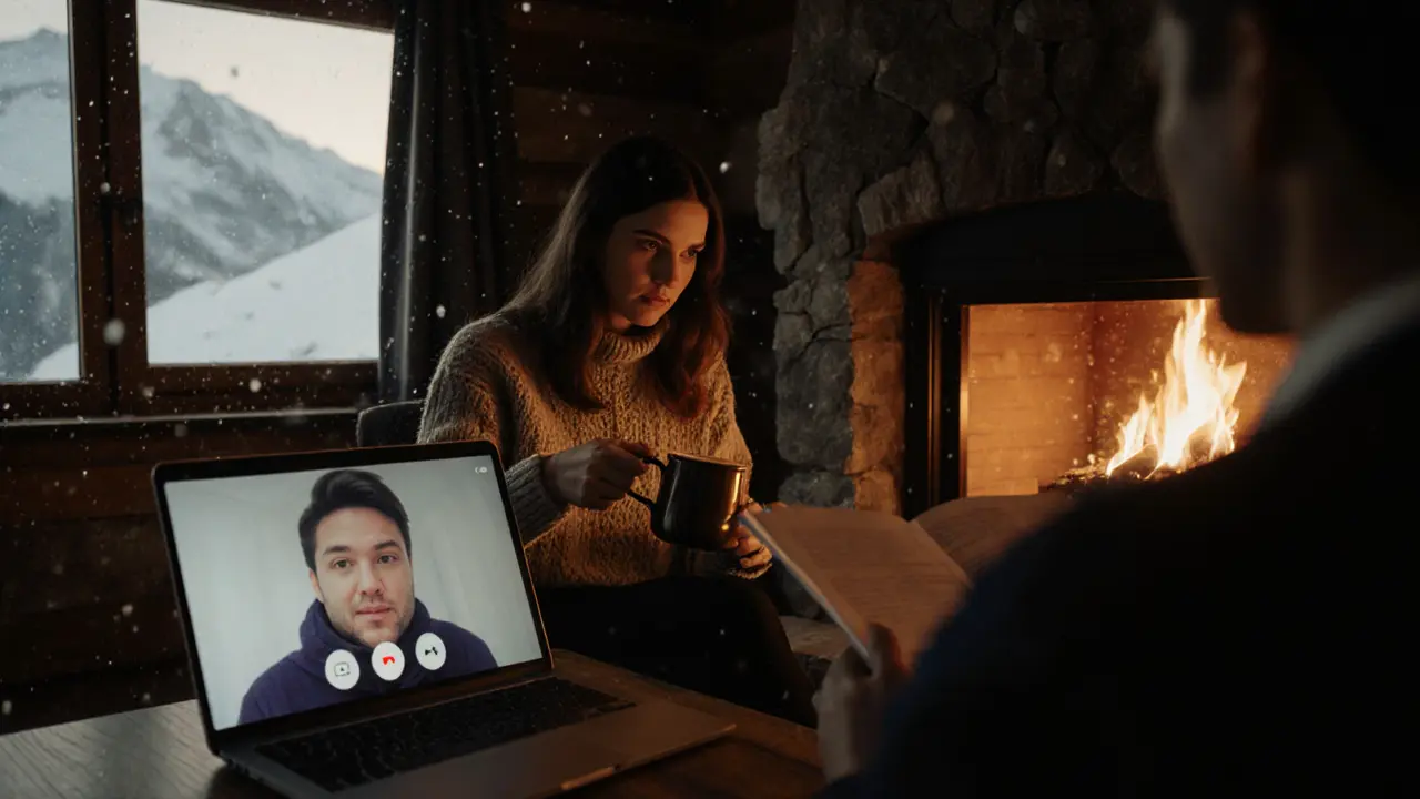 A woman and client relaxing by a fireplace in a Swiss Alps cabin, with a virtual companion visible on a laptop screen.