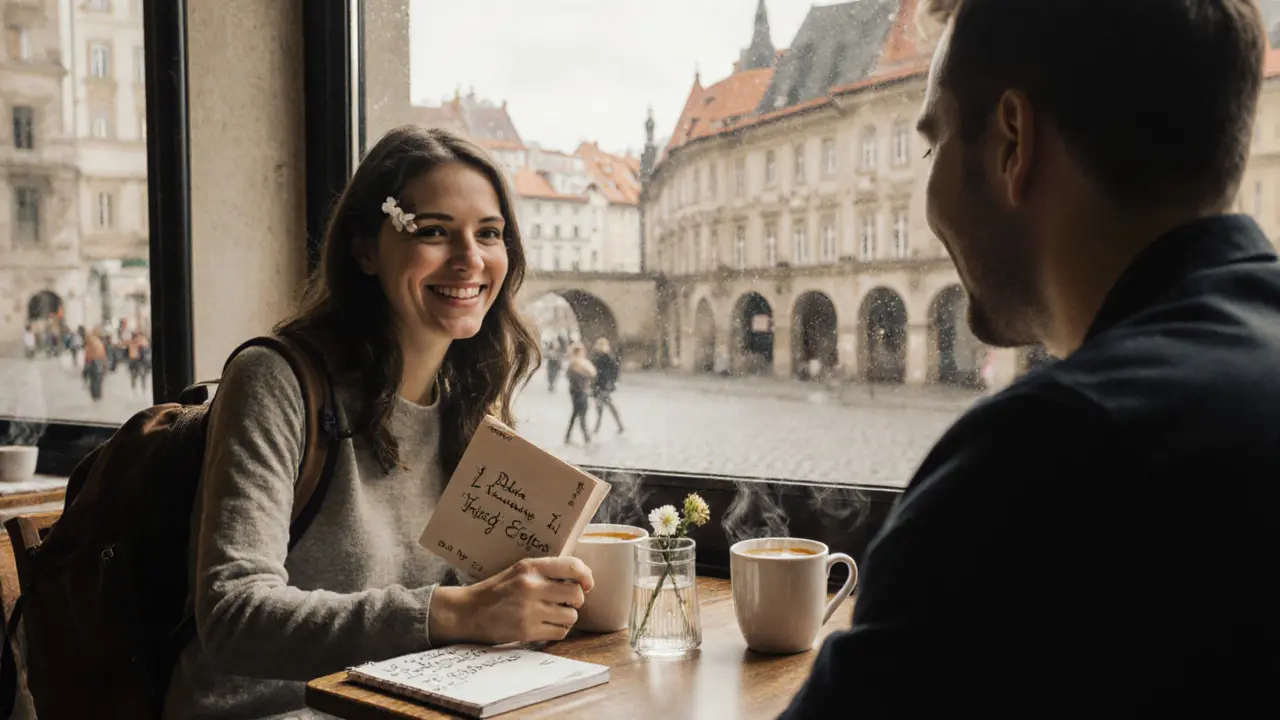 A woman and man enjoying coffee together in a Prague café, surrounded by European street life.