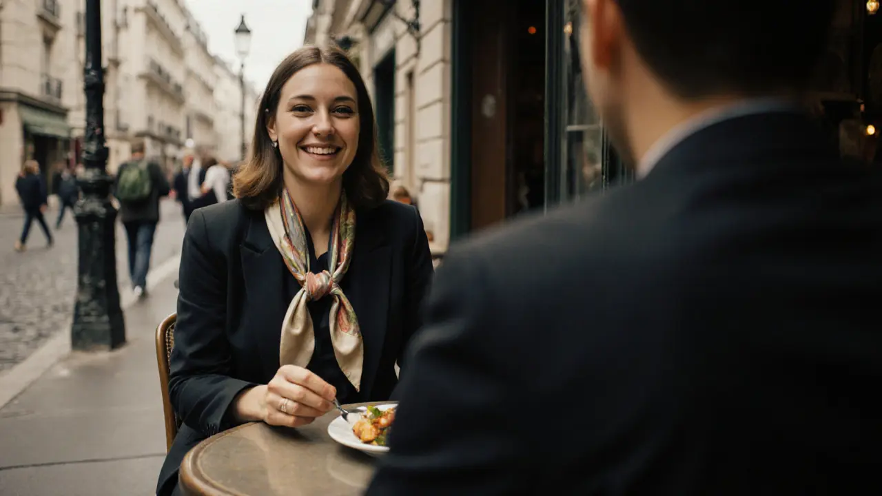 A woman and man sharing a quiet, phone-free meal at a Paris café, exuding calm and mutual respect.