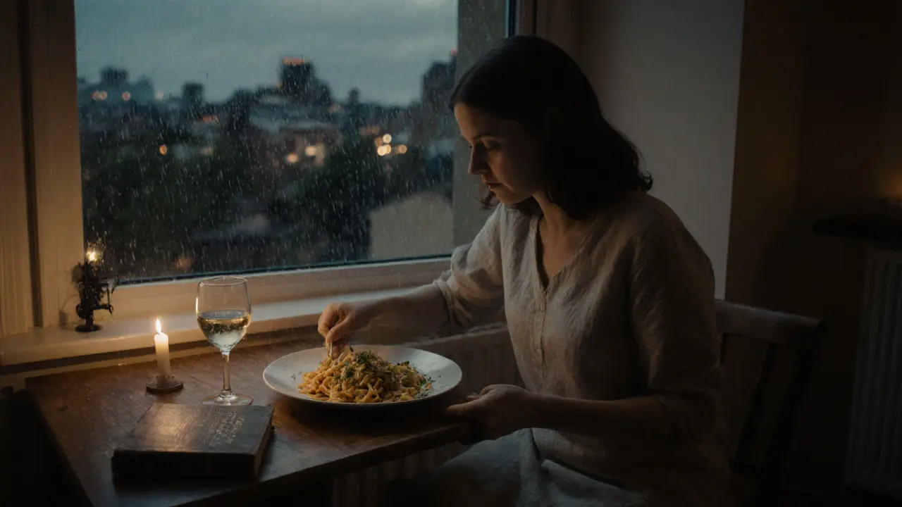 A woman serving homemade pasta by candlelight in a rainy London flat at dusk.