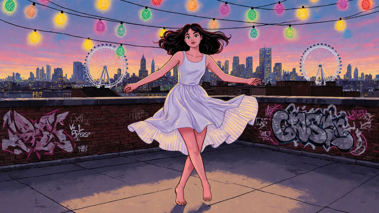A young woman dancing barefoot on a rooftop in Shoreditch at dusk, surrounded by string lights and the London skyline.