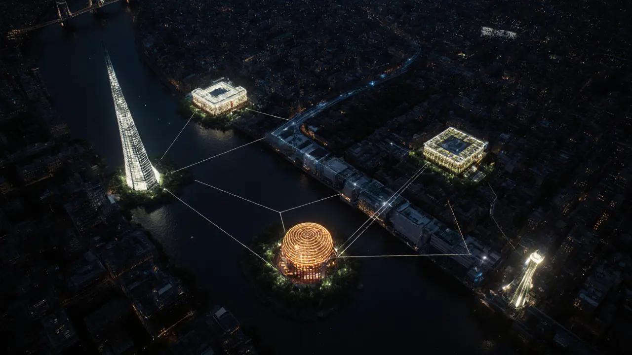 Aerial view of five glowing rooftop bars above London’s dark urban landscape at midnight.