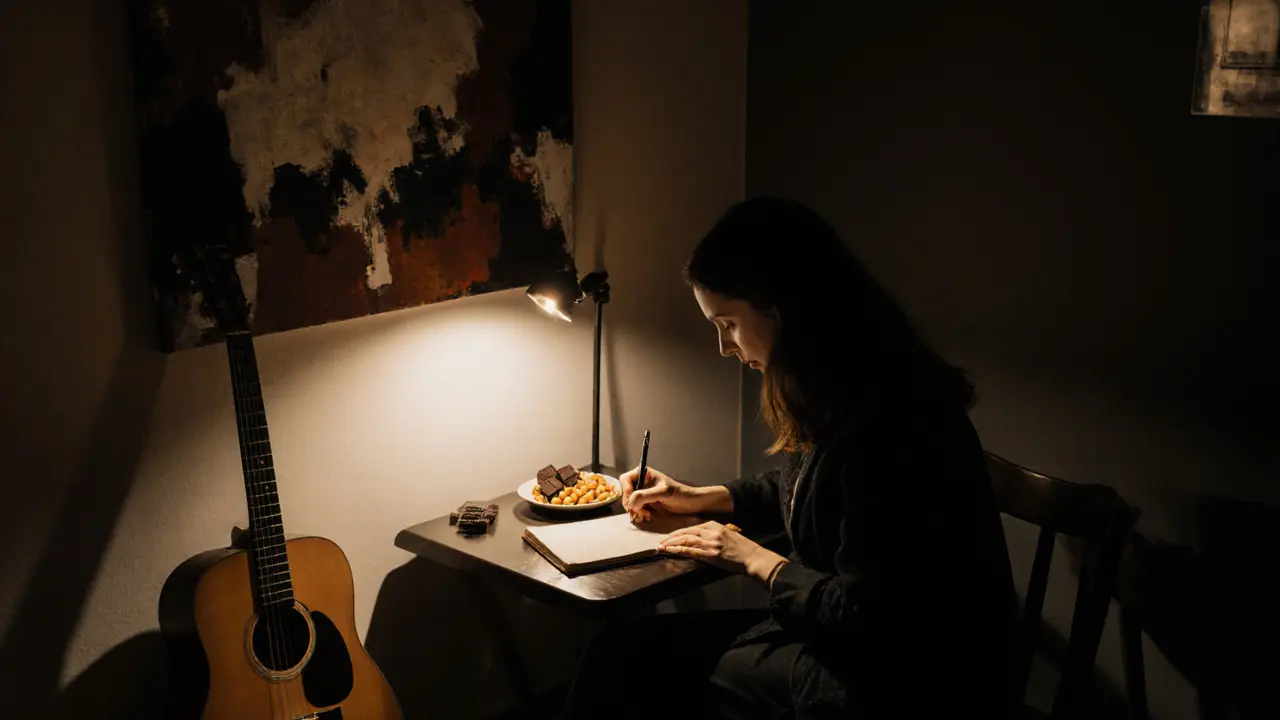 An artist sketching in a cozy London night cafe surrounded by local paintings and a guitar leaning nearby.