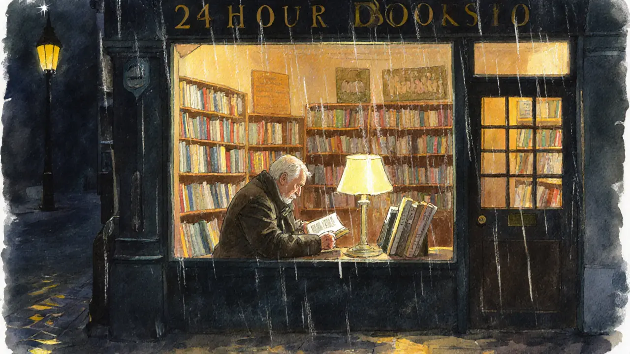 An elderly man reads by lamplight in a 24-hour bookshop, rain falling outside the window at midnight.