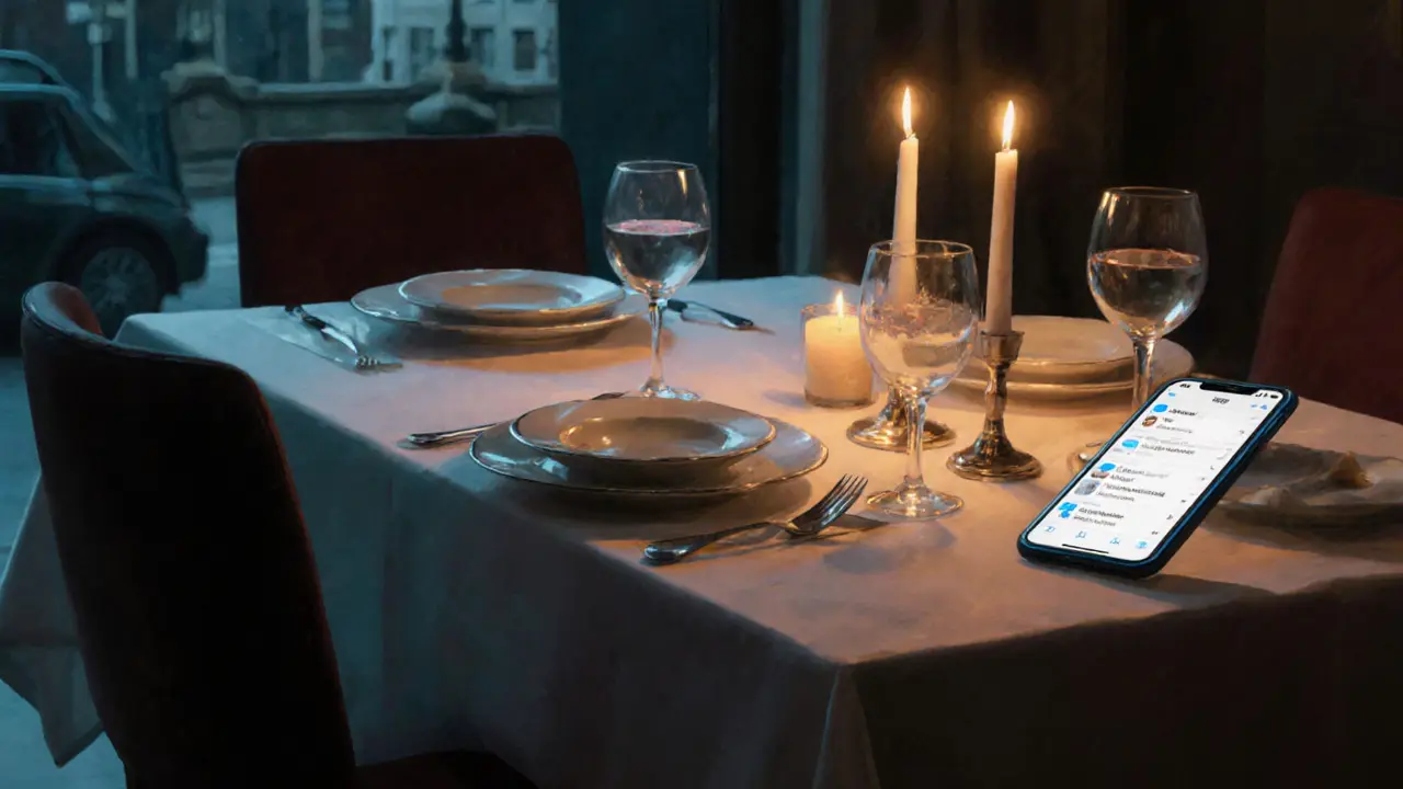 An empty chair at a candlelit restaurant table in London, hinting at a brief companionship.