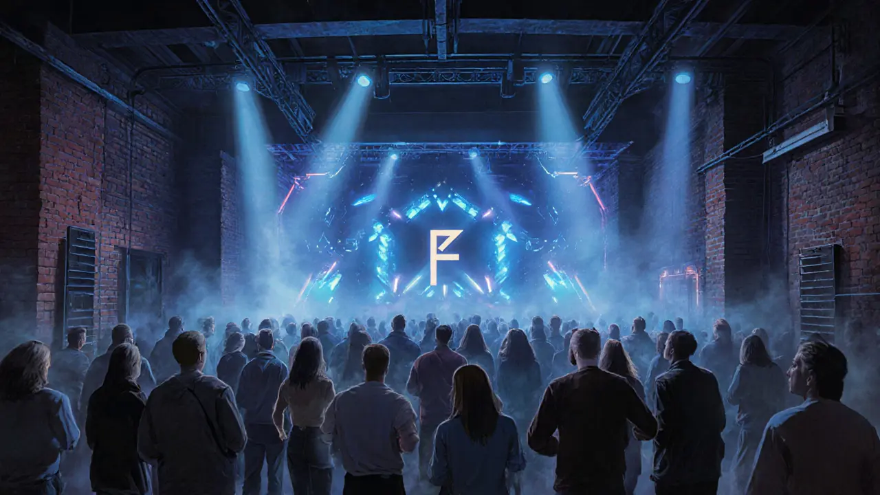 An industrial underground club with a powerful sound system and people moving to deep techno beats.