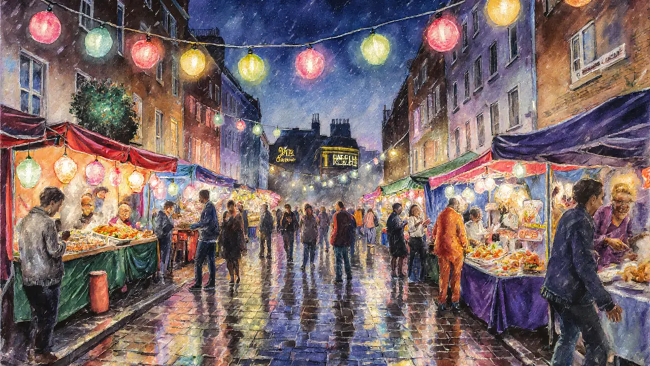 Camden Night Market after midnight with colorful string lights and food stalls serving international street food.