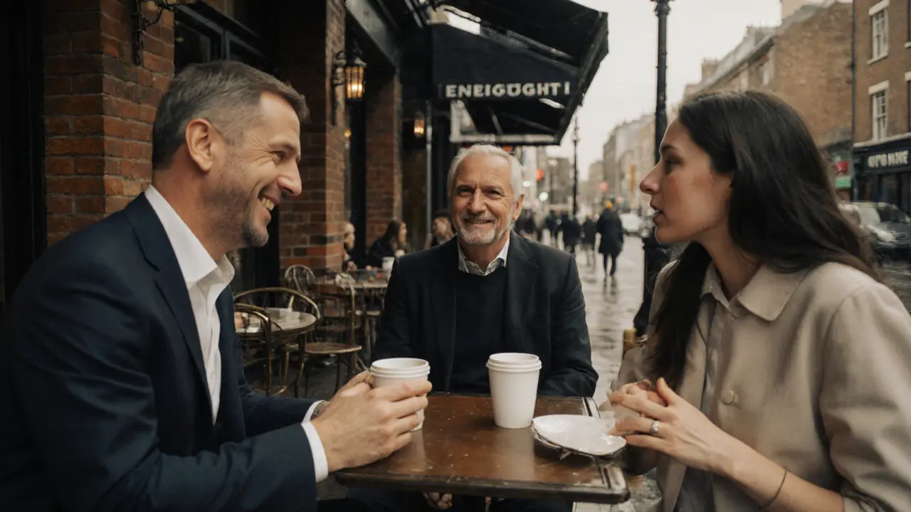 Clients and escort women having genuine conversations at cafes across UK cities, captured in natural daylight.