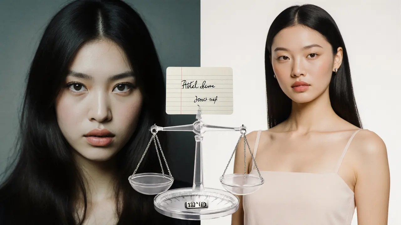 Contrast between filtered online photo and real-life appearance of an escort, highlighting authenticity.