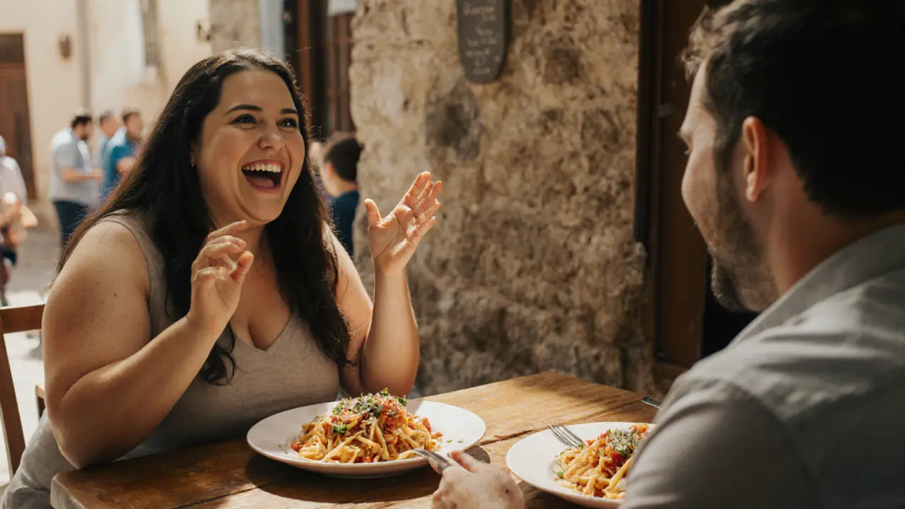 Couple sharing pasta in a Portuguese village café, laughing while talking, natural sunlight.