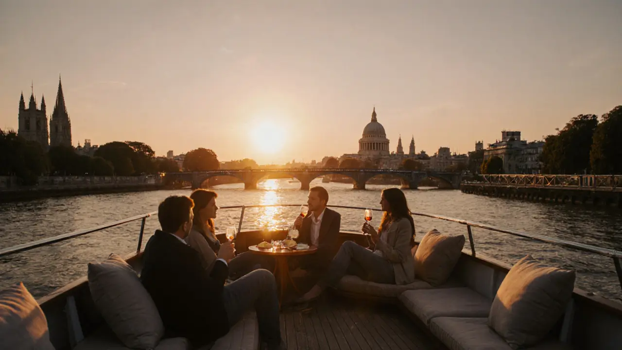 Couples enjoying wine and cheese on a quiet sunset cruise along the Thames with historic buildings in view.
