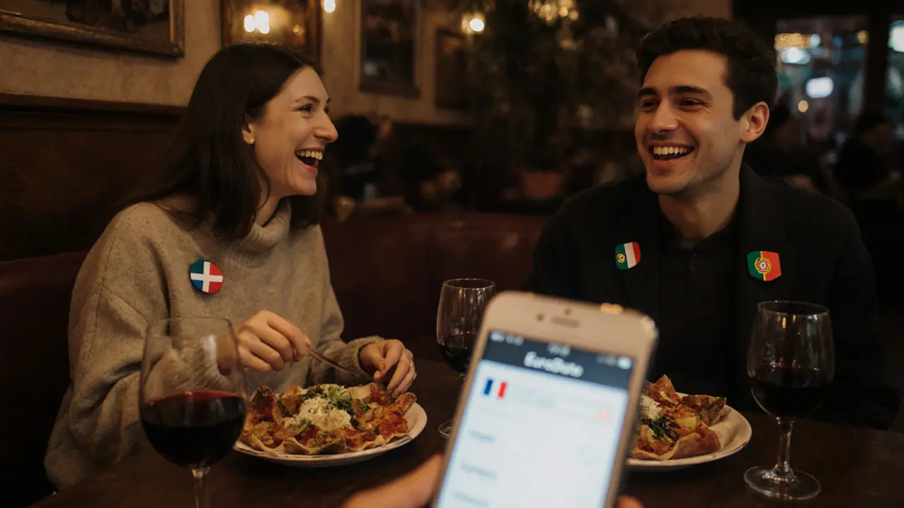 Danish and Portuguese couple laughing over tapas and wine at a Barcelona bar