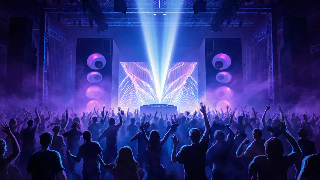 Dark nightclub with pulsing neon lights and silhouetted dancers moving to powerful bass.