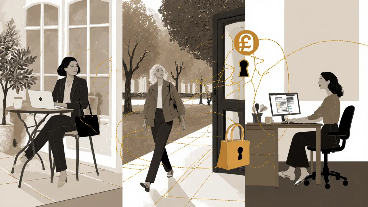 Diverse London women in everyday settings connected symbolically by a golden thread leading to a locked door with a pound keyhole.