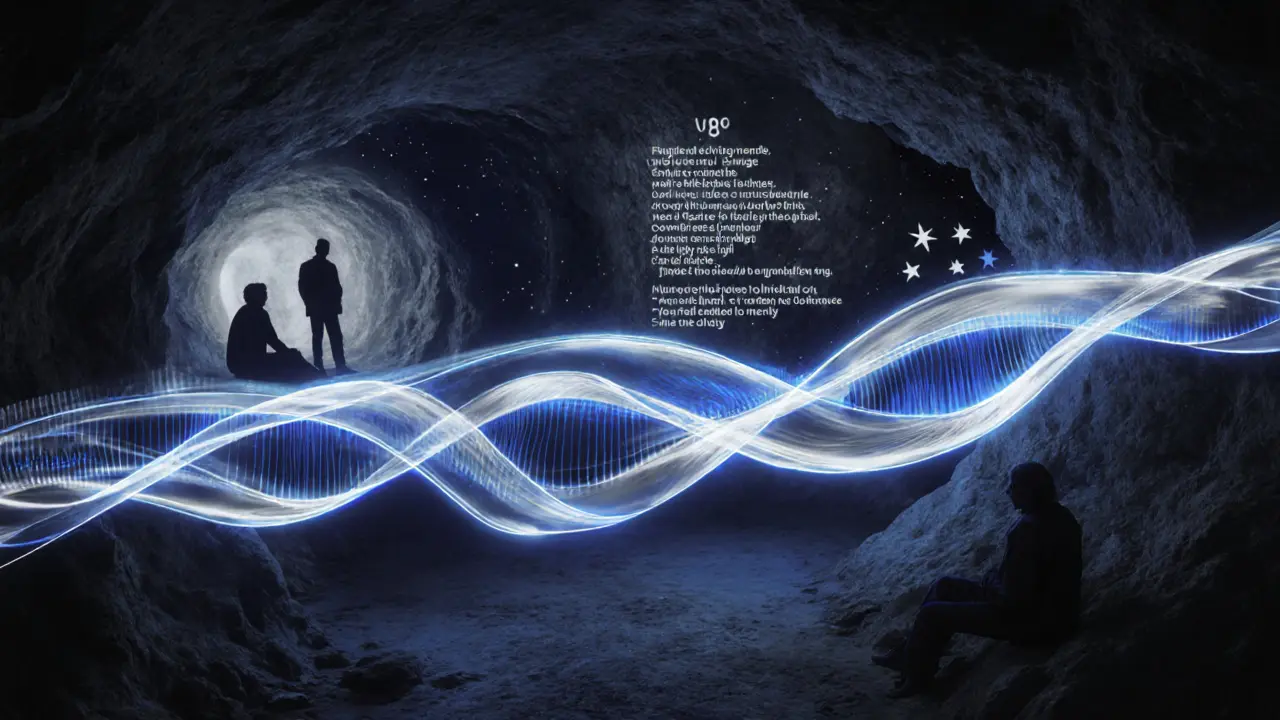 Glowing sound waves ripple through underground caves, where quiet figures listen to ambient music in the dark.