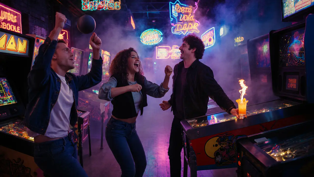 Group celebrating in a neon-lit arcade bar with retro games and lively energy.