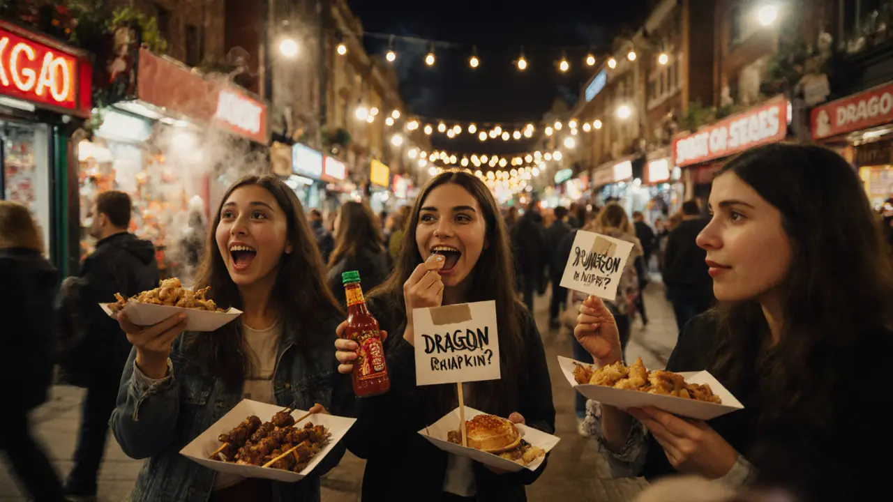 Group enjoying street food at Camden Market under string lights, plates full of global snacks.