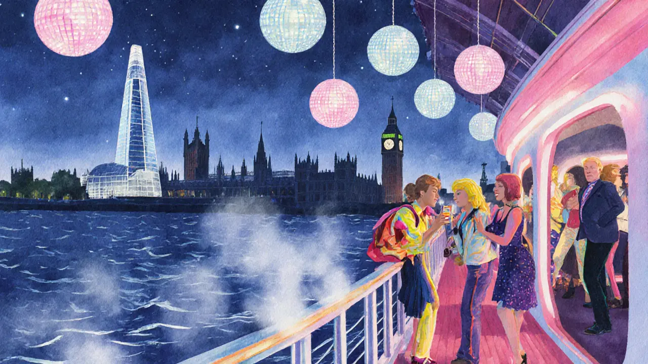 Guests in 80s costumes dancing on a riverboat under disco lights with London skyline at night.