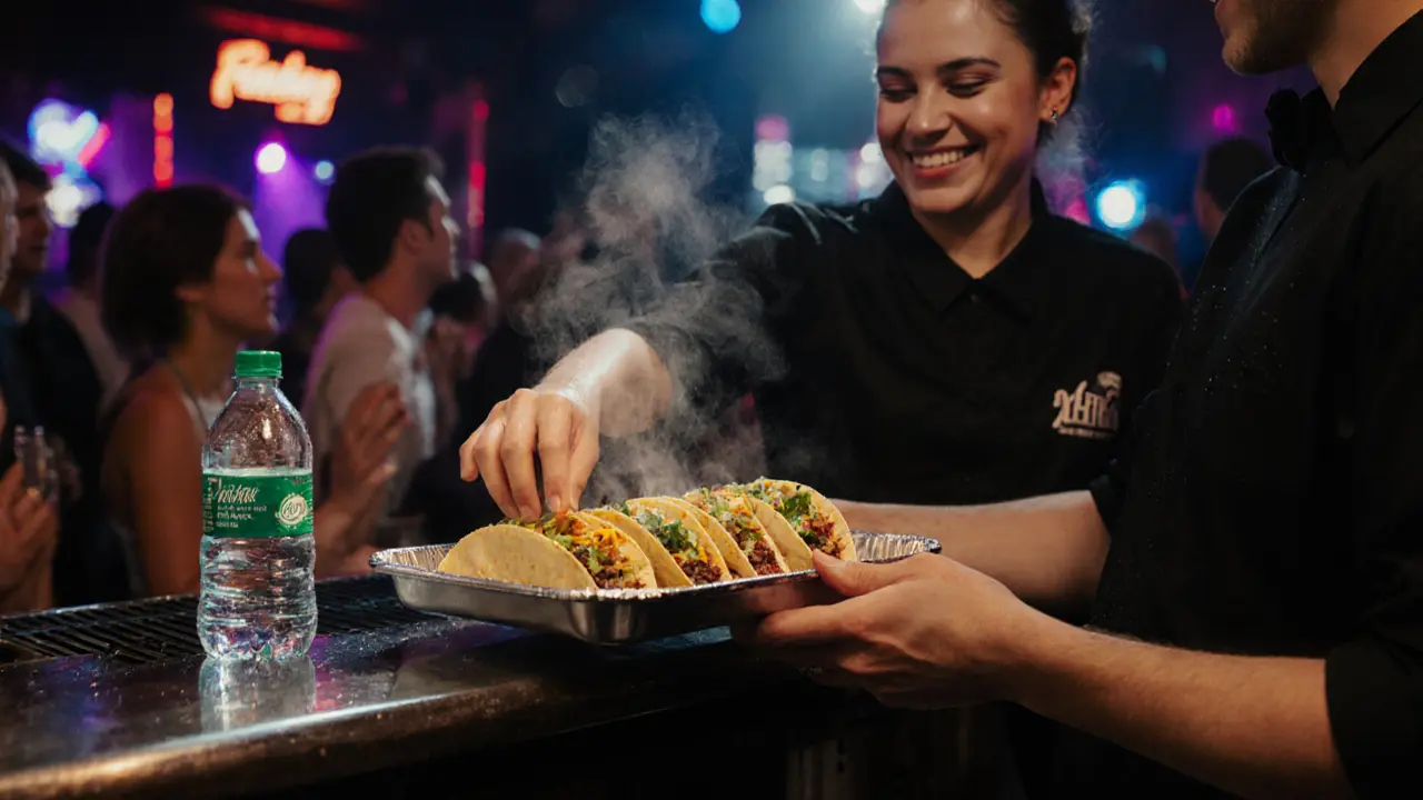 Hand receiving mini tacos from a club counter, steam rising, blurred dancers in background.
