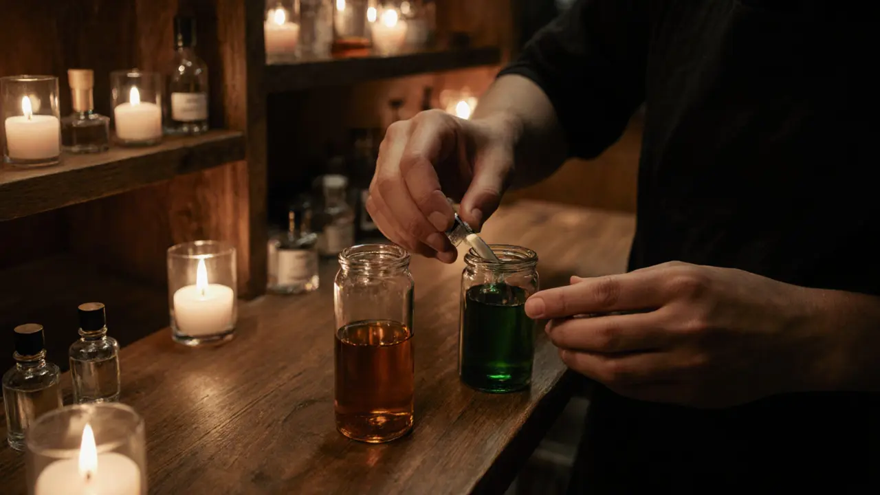 Hands blending custom perfumes in a dim studio, surrounded by glass vials and wooden shelves.