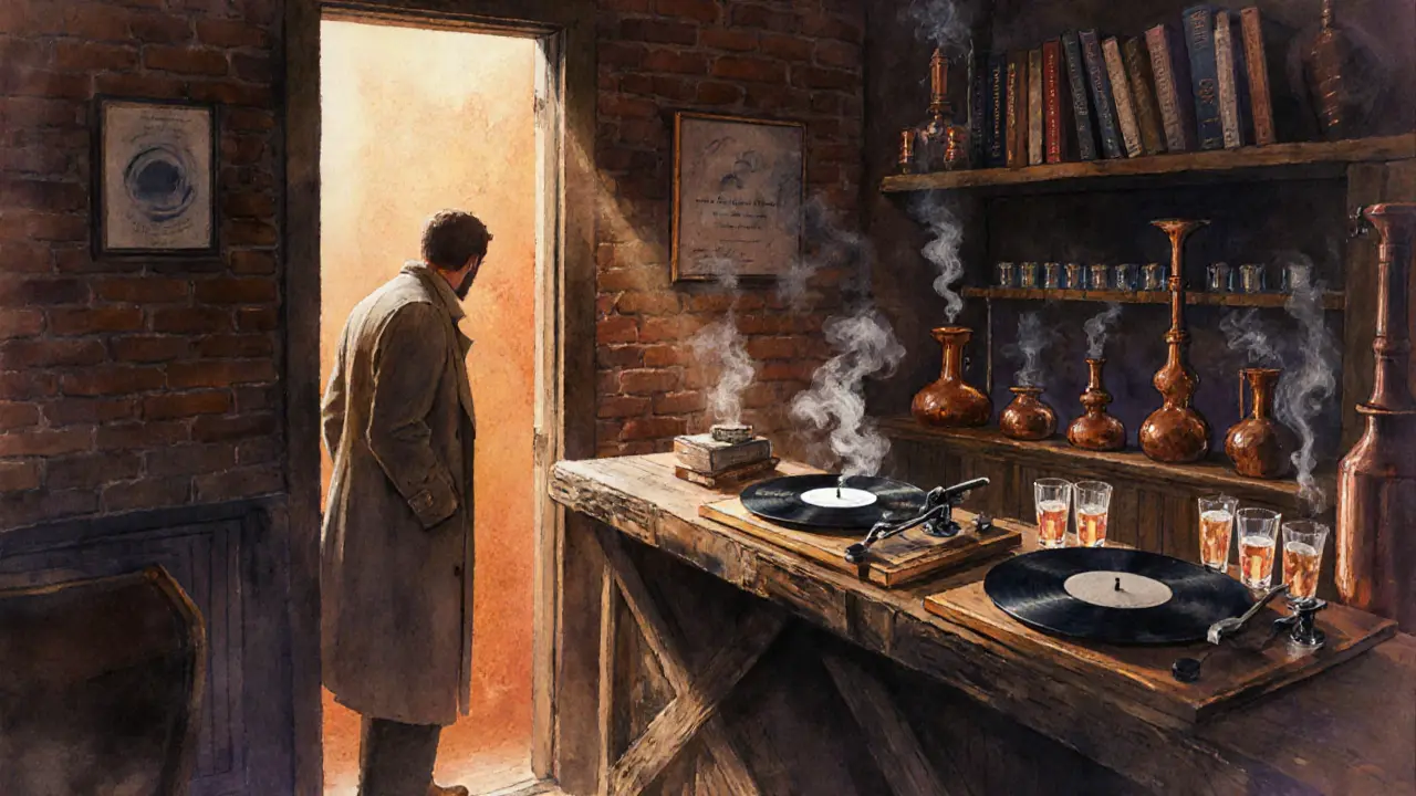 Hidden speakeasy with dim amber light, vinyl record spinning, smoke rising from cocktail glasses.