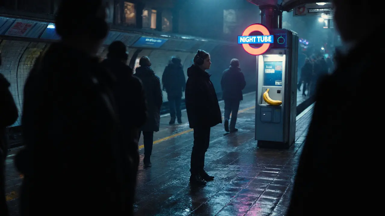 Lone person on a late-night Tube platform with a banana on the ticket machine and glowing headphones.