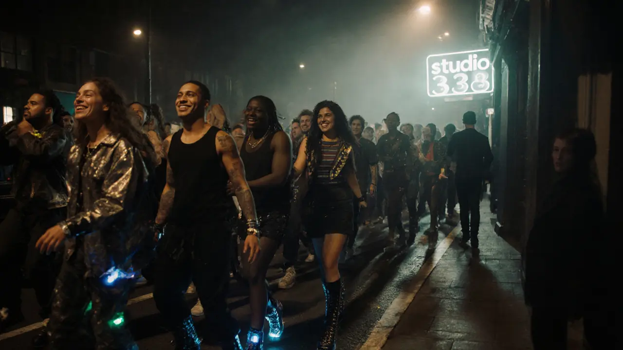Long line of people in rave clothes waiting outside Studio 338 at night, glowing sign visible in the distance.