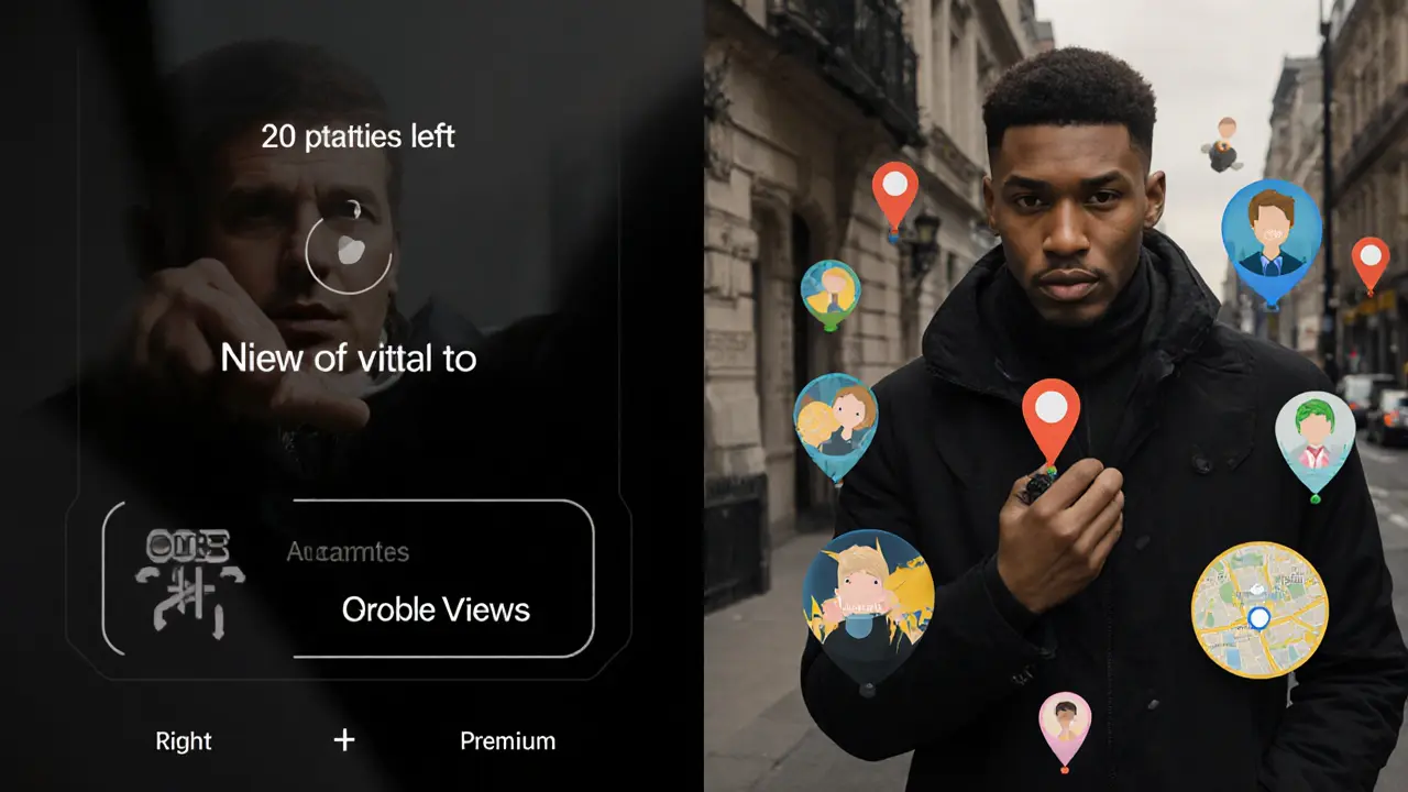 Man using Bumble Premium with advanced features like profile views and travel mode icons.