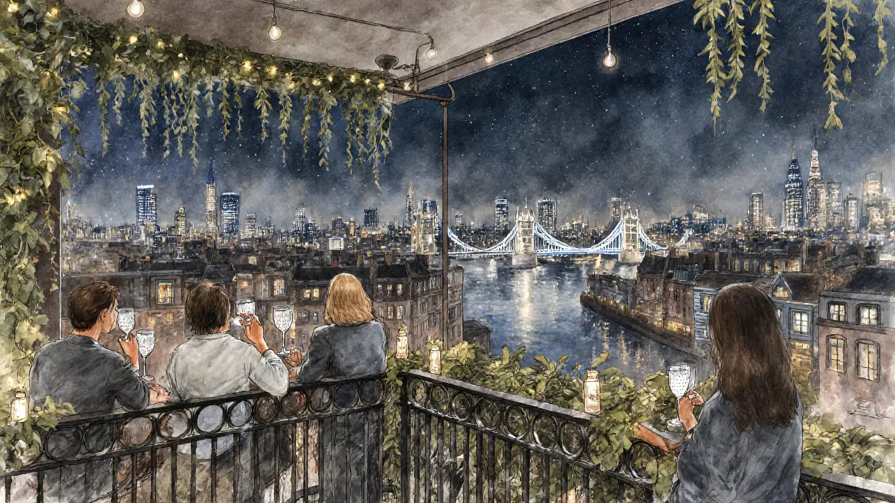 People enjoying gin cocktails on a rooftop bar overlooking London&#039;s glittering skyline at night.