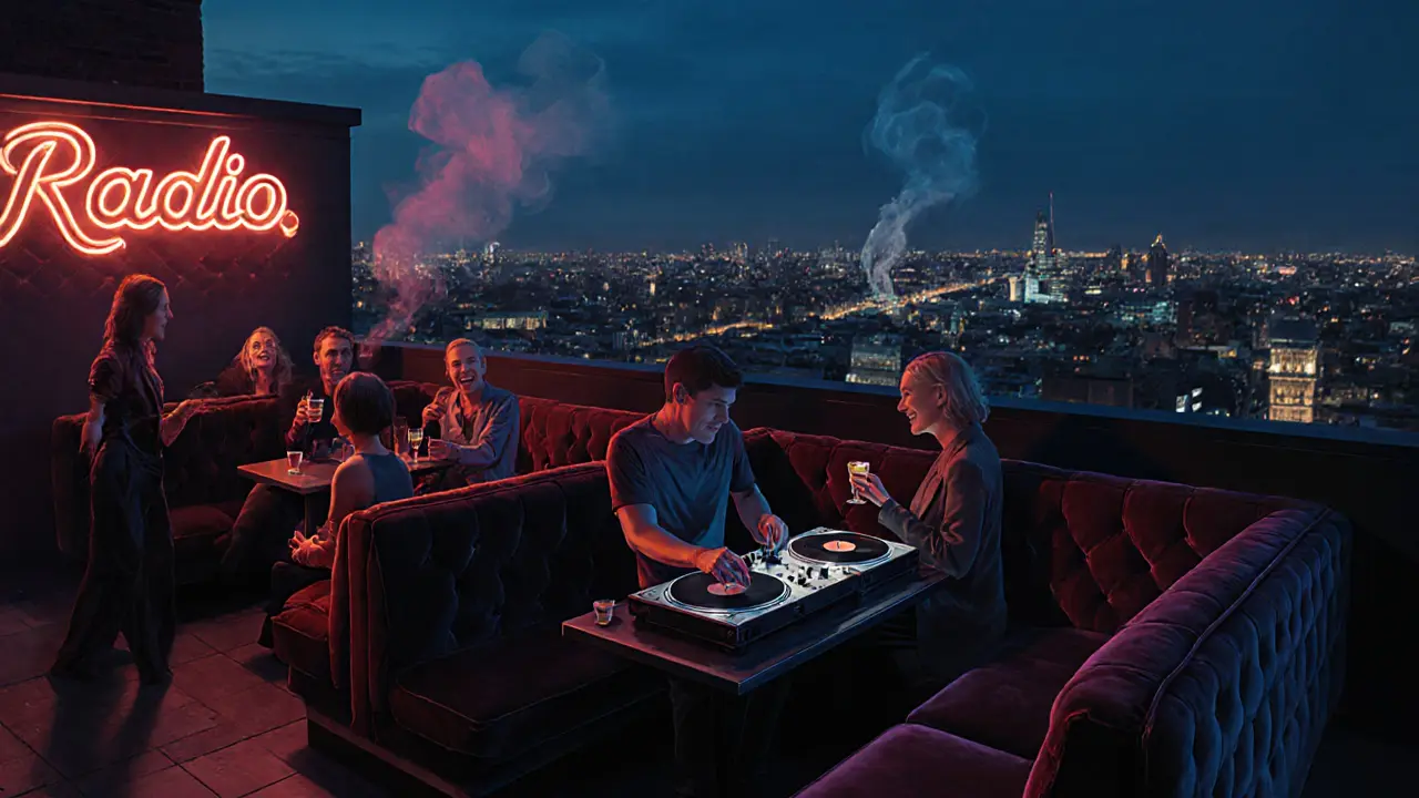 Retro-chic rooftop bar with velvet booths and neon lights, London skyline in background.
