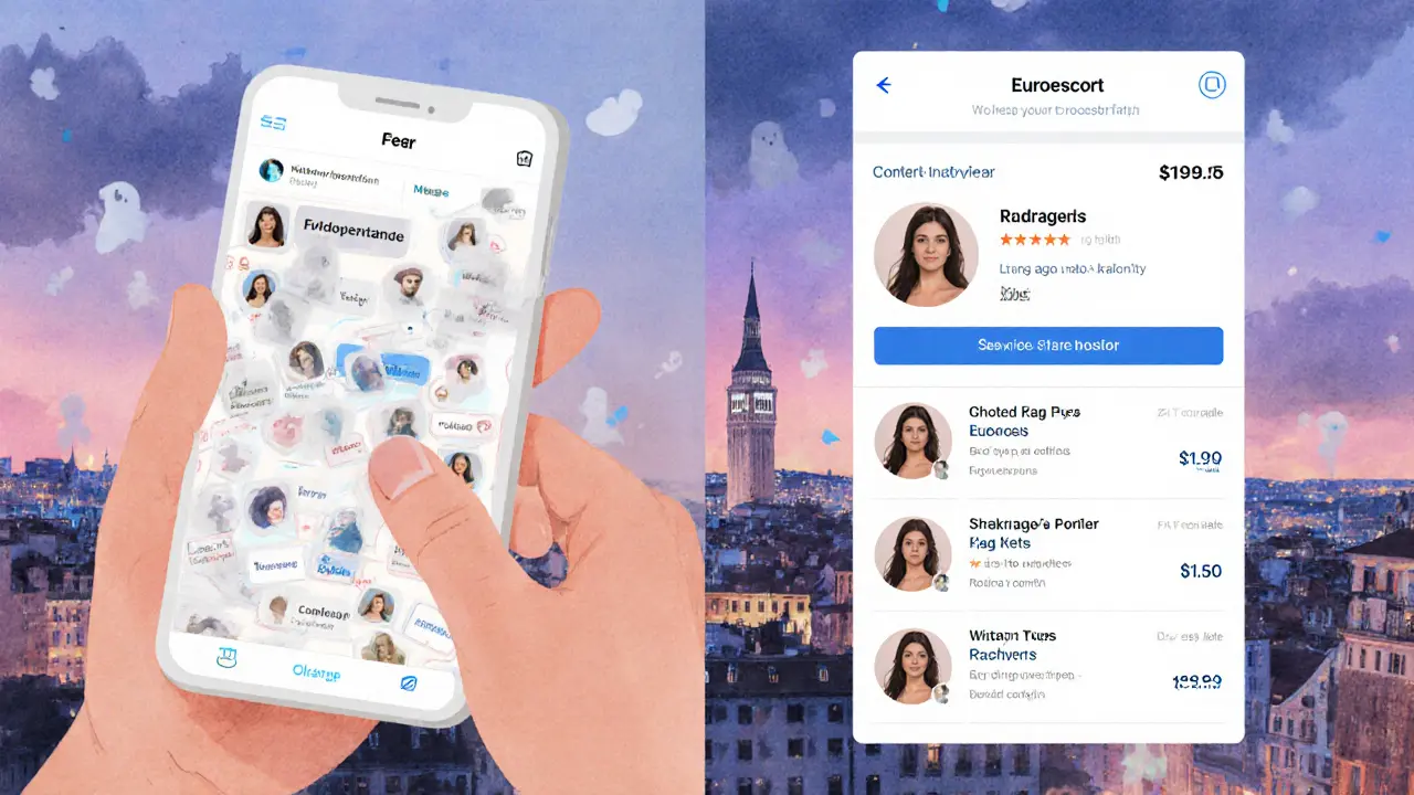 Side-by-side comparison of frustrating dating app screens and a clear Euroescort profile.
