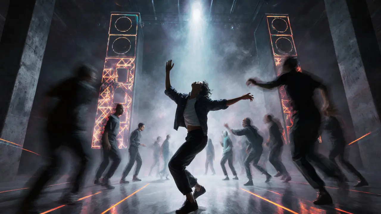 Silhouetted dancer in motion surrounded by blurred figures and glowing speaker stacks.