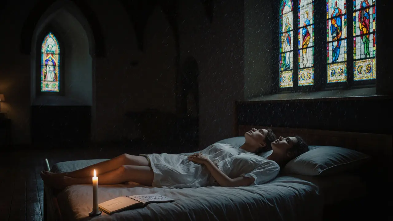 Silhouettes in a stained-glass-lit chapel, lying on a mattress under candlelight and rain.
