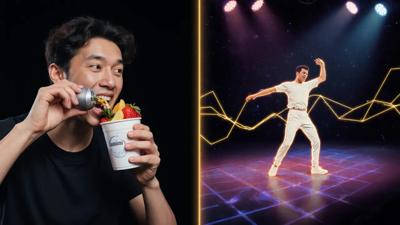 Split image of person eating healthy snacks then dancing energetically with glowing energy lines.