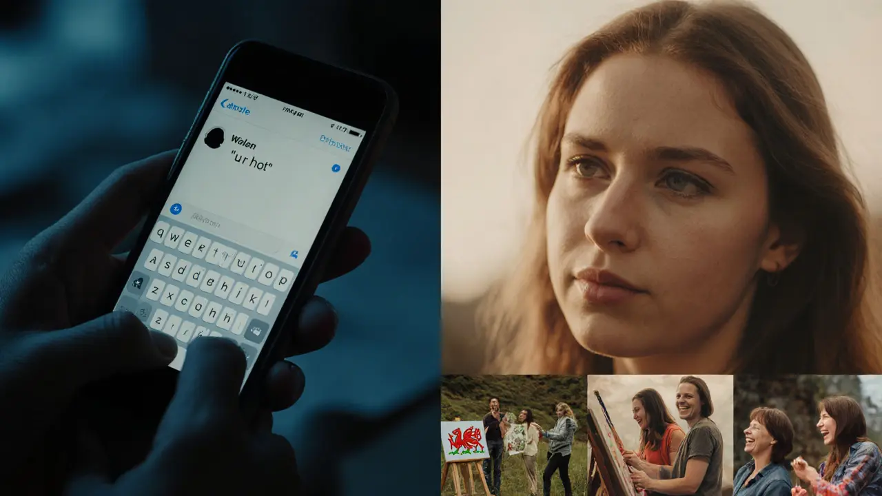 Split-screen: dating app compliment vs. woman’s real life of art, travel, and laughter.