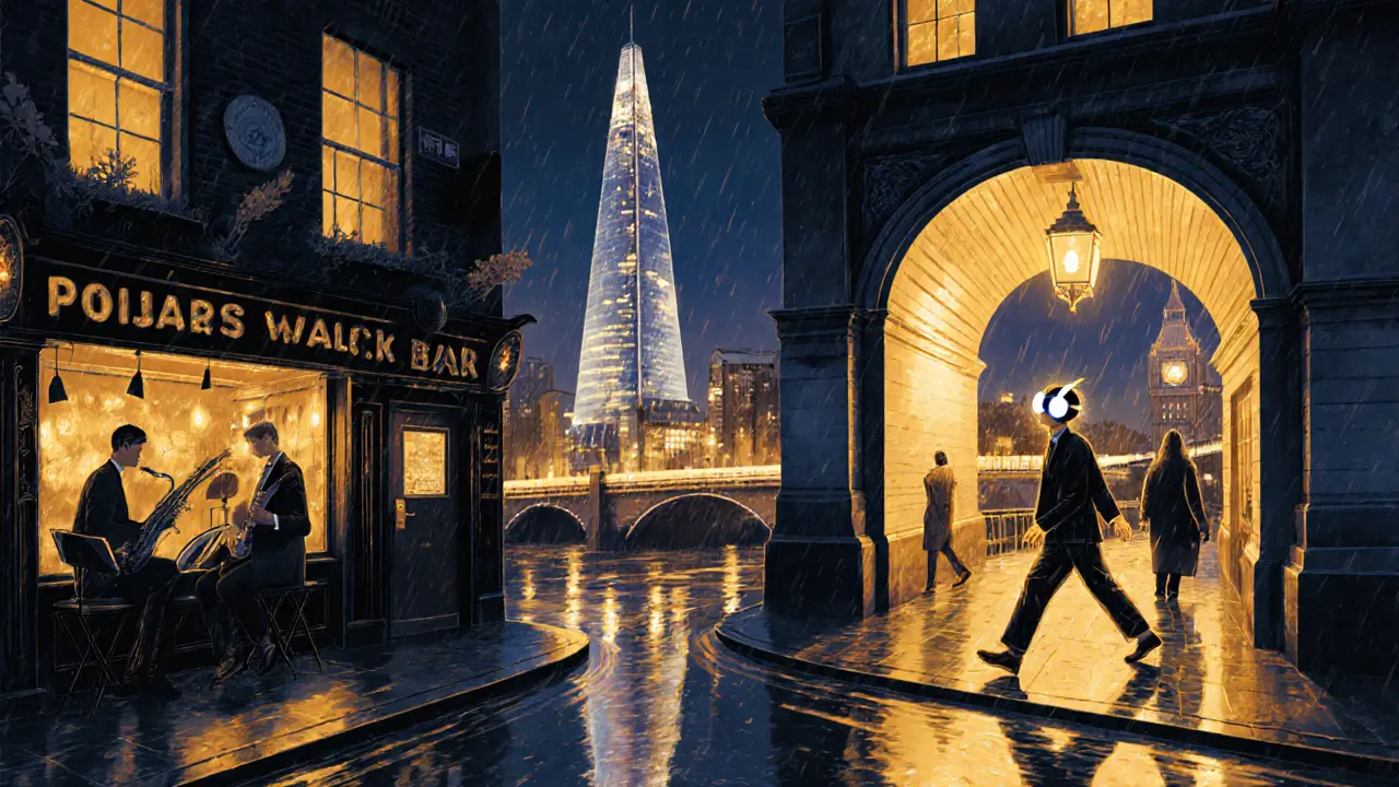 Surreal skyline merging jazz, silent disco, and hidden bars across London&#039;s nightlife spots.